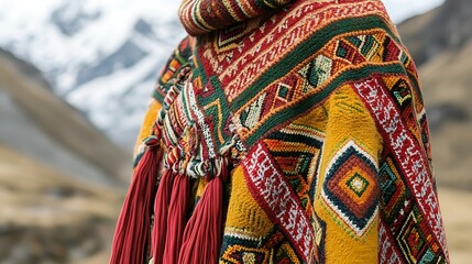 Naklejka premium Colorful woven poncho with tassels, Andean landscape background.