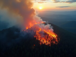 Fototapeta premium Wildfire consuming forested land at sunset while smoke billows into the sky illustrating the impacts of climate change on natural ecosystems