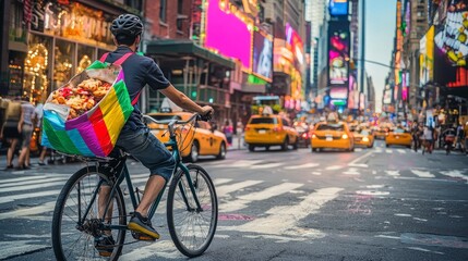Delivery cyclist riding through Times Square, NYC.