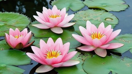 Vibrant pink lotus flowers blooming together in a pond, their lush green pads surrounding them harmoniously.