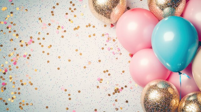 Joyous celebration atmosphere with pink and blue balloons and shiny gold accents ideal for festive occasions and memorable events