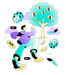 Person Approaching Money Tree with Gears and Coins