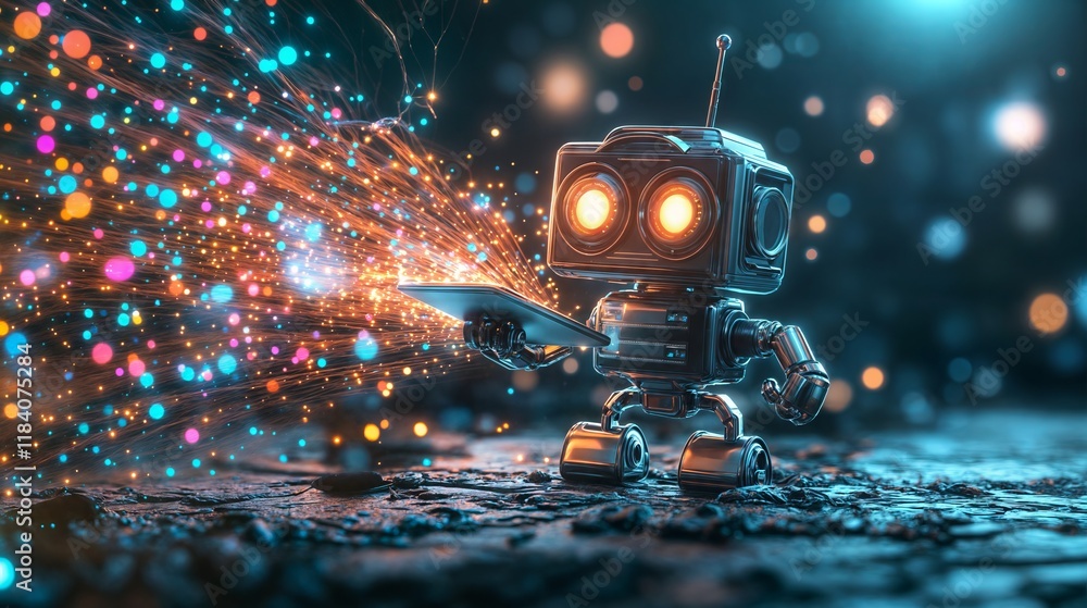 Poster robot using tablet with futuristic data stream at night