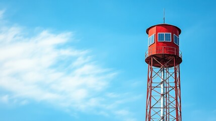 Red lookout tower against blue sky, clouds, coastal