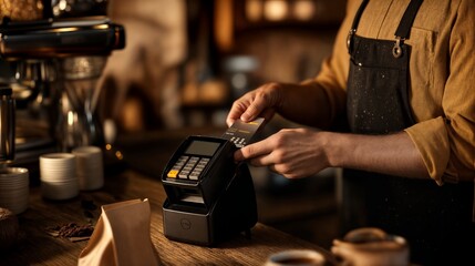 Barista processing payment with credit card machine in cafe