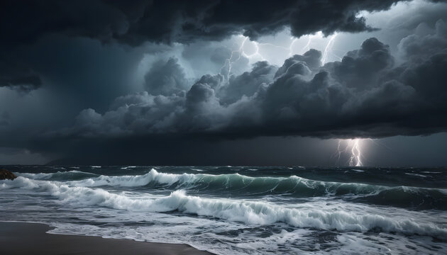 Dramatic lightning storm over turbulent ocean waves crashing on beach. - Powered by Adobe