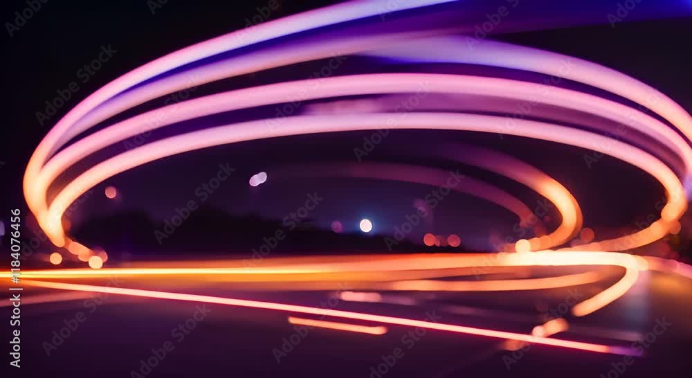 Aufkleber light trails are speeding across a highway at night with glowing dots on the side creating a futuris