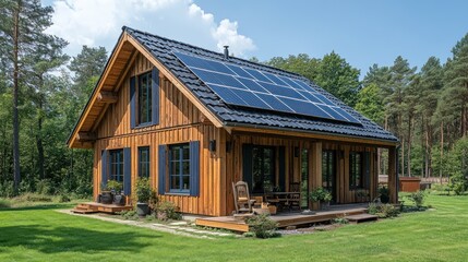 Sustainable wooden house, solar panels, forest, deck, idyllic
