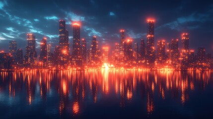 Fototapeta premium Futuristic city skyline at night with fiery reflection