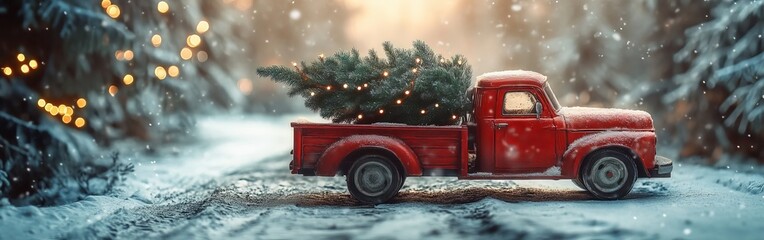 A toy red truck carrying a Christmas tree, surrounded by snowy decor and festive lights. Perfect for holiday, winter, and nostalgic themes.