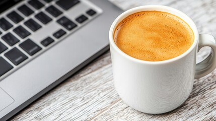Freshly Brewed Coffee Cup Next to Laptop on Wooden Table Surface