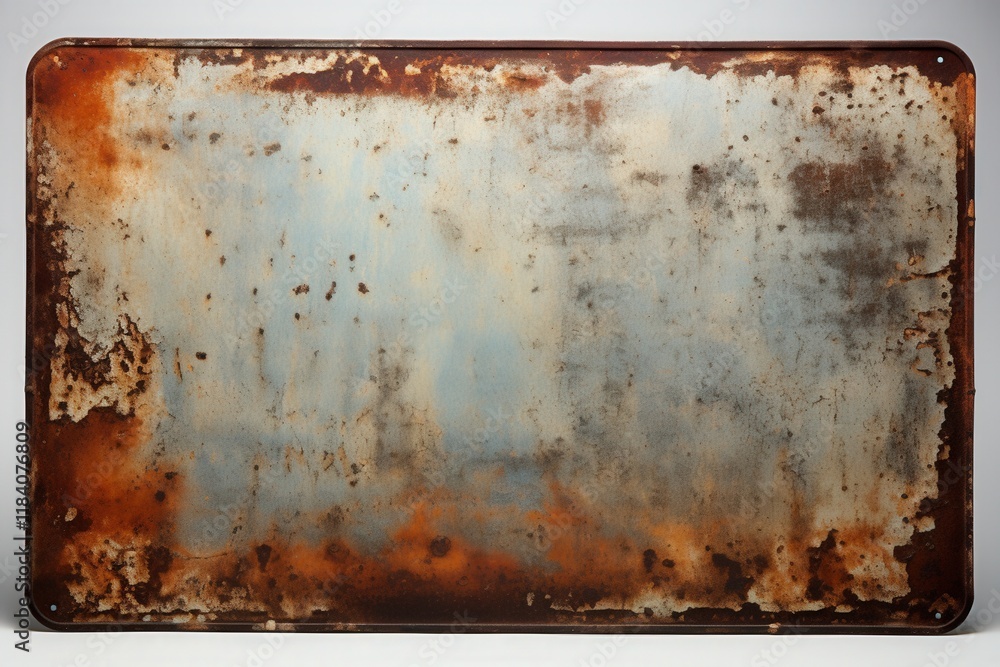 Poster weathered rusty metal sign with old paint peeling and textured surface for background use in various