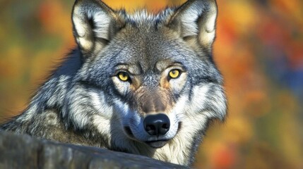 Naklejka premium Majestic Wolf Portrait with Captivating Eyes Against a Vibrant Autumn Background in Nature