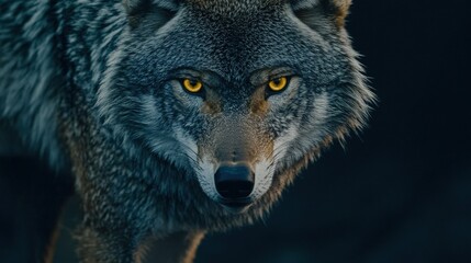 Obraz premium Intense Close-Up of a Wild Gray Wolf with Striking Yellow Eyes in Natural Habitat