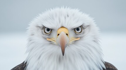 Obraz premium Majestic Bald Eagle Portrait with Intense Eyes and Intricate Feather Details on a Soft Gray Background