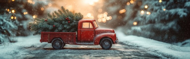 A toy red truck carrying a Christmas tree, surrounded by snowy decor and festive lights. Perfect for holiday, winter, and nostalgic themes.