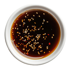 above view, isolated on transparent background a bowl filled with teriyaki sauce, the sauce has a rich, dark brown color that is glossy and inviting, sprinkled throughout are golden sesame 