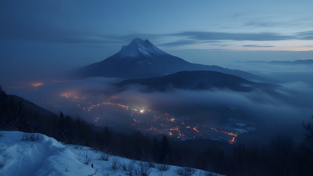 Misty Night at Jested Mountain Summit, Liberec City Lights Below, Dawn's Ethereal Glow on Snow