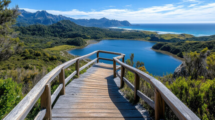 scenic overlook with wooden pathway leading to tranquil lake view