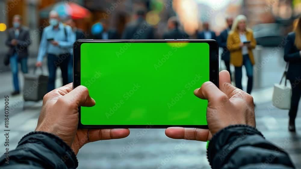 Poster a pair of hands display a tablet featuring a green screen in a bustling urban environment. people wa