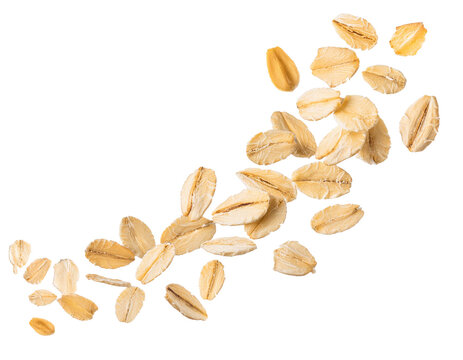 Falling oat flakes isolated on white background, cutout 