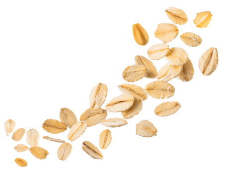 Falling oat flakes isolated on white background, cutout 