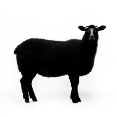 Majestic Black Sheep: A Captivating Portrait of a Wooly Farm Animal.  The image showcases the animal's dense, black fleece against a stark white background, creating a striking visual contrast.
