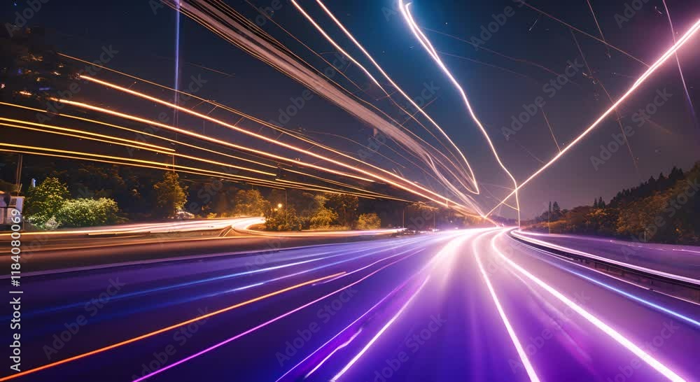 Aufkleber light trails are speeding across a highway at night with glowing dots on the side creating a futuris