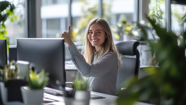 A young woman with a bright smile gives a thumbs up while seated at her desk in a stylish office. Lush plants surround her, creating a vibrant, positive atmosphere conducive to productivity