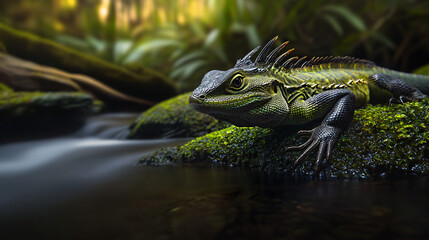 water dragon near stream, mossy environment
