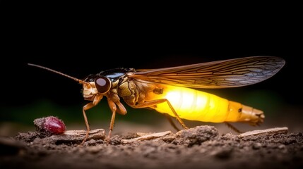 Obraz premium Glowing Insect on Ground at Night with Bioluminescent Abdomen and Detailed Wing Structure Captured in Macro Photography