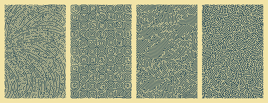 Pack of abstract dark blue organic line turing patterns backgrounds