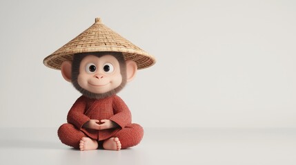 A cheerful cartoon monkey in a conical hat and traditional attire, sitting cross-legged. The vibrant image blends cultural themes with a playful, inviting style.