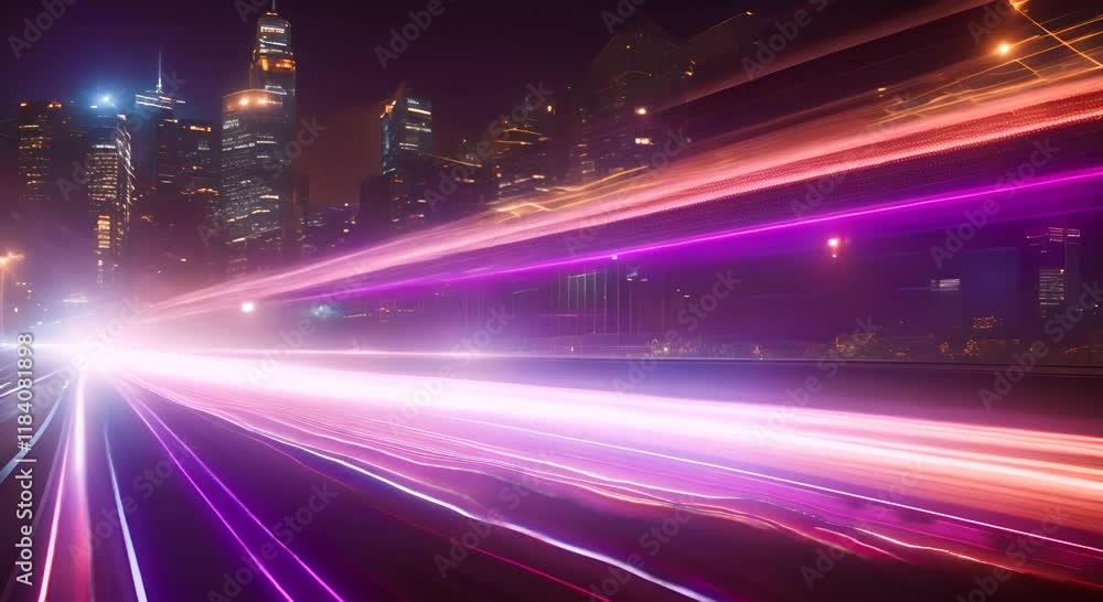 Poster light trails are speeding across a highway at night with glowing dots on the side creating a futuris