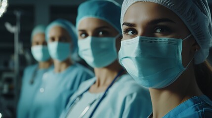 A team of medical professionals in surgical masks and caps, ready in a sterile hospital setting for a medical procedure.