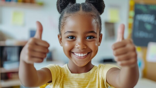 A cheerful young girl smiles broadly while giving a thumbs up, showcasing her excitement and pride in a vibrant classroom surrounded by educational resources - Powered by Adobe