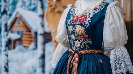 Embroidered blue dress on a mannequin against a snowy village backdrop.