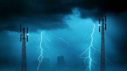 dramatic urban landscape featuring two tall communication towers under stormy sky. Lightning strikes illuminate scene, creating striking contrast against dark clouds