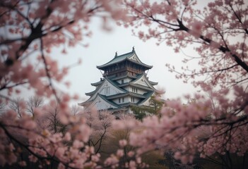 Fototapeta premium Japanese castle framed by cherry blossoms in spring