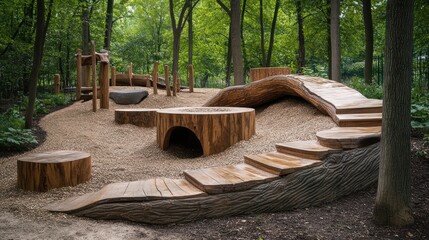 Wooden playground, forest setting, children playing, nature backdrop, educational