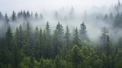 Expansive misty forest captured from above showcasing towering trees and lush greenery in a serene natural landscape