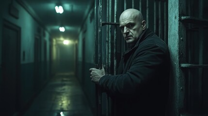 Fototapeta premium A serious bald man in a dark coat stands in a dimly lit prison corridor, holding onto a cell gate.