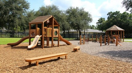 Children's wooden playground, sunny day, outdoor fun, nature background, preschool