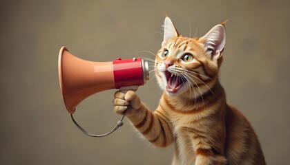 Fototapeta premium A funny cat shouting into a megaphone a playful advertisement for promotions. This adorable furry friend serves as a captivating promoter with viral marketing potential