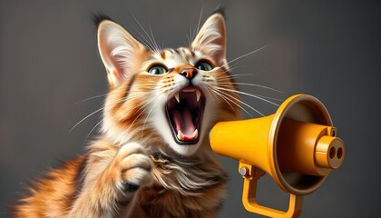 Fototapeta premium A funny cat shouting into a megaphone a playful advertisement for promotions. This adorable furry friend serves as a captivating promoter with viral marketing potential