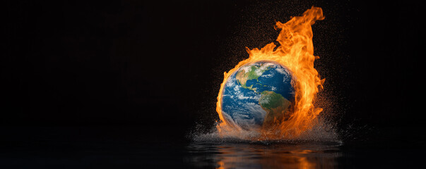Planet Earth engulfed in flames, symbolizing climate change and environmental crisis. fiery globe contrasts with dark surroundings, evoking urgency and concern
