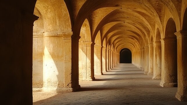 Sunlit arched hallway, ancient structure,  shadowy depth, historical site, tourism