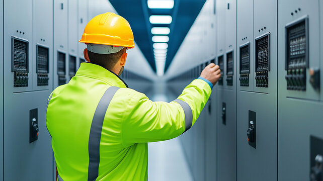 worker in safety helmet and reflective jacket adjusts electrical systems in corridor of control panels. environment is industrial and well lit, emphasizing precision and safety