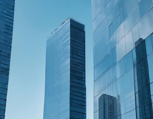 Obraz premium Modern skyscrapers with glass facades and blue skies.