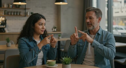 Caucasian male and hispanic female adults conversing in sign language at a café